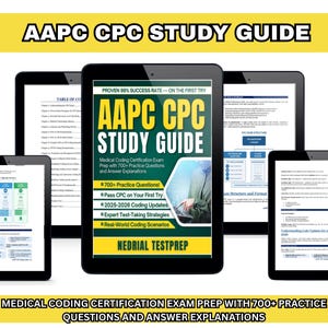 May include: A collection of black tablets displaying the "AAPC CPC Study Guide." The central tablet shows the book cover with text including "Medical Coding Certification Exam Prep" and "700+ Practice Questions." The image also includes the text "Medical Coding Certification Exam Prep with 700+ Practice Questions and Answer Explanations."