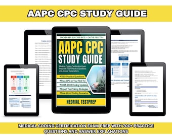 May include: Several black tablets showcasing the "AAPC CPC Study Guide." The main tablet displays the book cover, with text such as "Medical Coding Certification Exam Prep" and "700+ Practice Questions." The image also includes the text "Medical Coding Certification Exam Prep with 700+ Practice Questions and Answer Explanations."