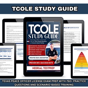 May include: A digital study guide for the Texas Peace Officer License Exam, displayed on multiple tablets. The guide features the title "TCOLE STUDY GUIDE" and includes sections on practice questions, essential statutes, and scenario-based training. The cover shows a police officer.