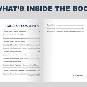 K&ouml;nnte beinhalten: Ein offenes Buch mit einem Inhaltsverzeichnis und &Uuml;bungspr&uuml;fungen. Die linke Seite zeigt ein Inhaltsverzeichnis mit Kapiteltiteln wie "Exam Overview" und "Creating Your Study Plan". Auf der rechten Seite sind &Uuml;bungspr&uuml;fungen aufgef&uuml;hrt.