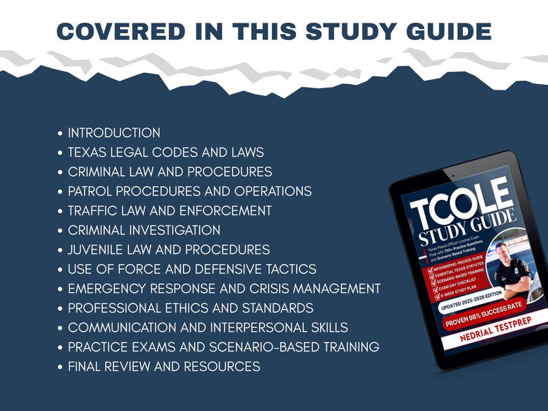 TCOLE Study Guide 2026 PDF| Texas Police Officer Exam Prep | Police Academy Exam Questions and ...
