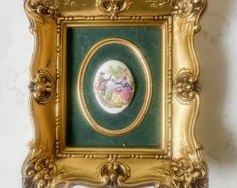 Vintage Framed Porcelain Miniature Artwork | Ornate Baroque Style Frame | Romantic Scene Art