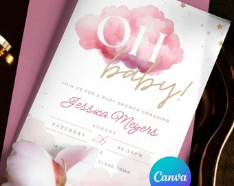 Pink Cloud Themed Baby Shower Invitation, Dreamy Theme, Girl, Editable/Printable Mobile/Digital Invite, On Cloud 9/Angel/Piece of Heaven