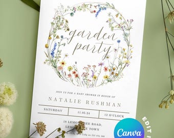 Garden Party Baby Shower Invitation, Gender Neutral Baby Shower, Editable Mobile/Digital Invite, Wildflower, Baby in Bloom, Tea Party