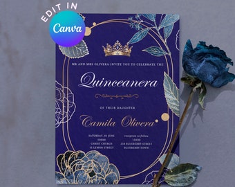 Royal Blue & Gold Quinceanera Invitation, Dark/Navy/Deep Blue Floral, Mis Quince 15 Anos Invite, Printable/Template Canva Digital/Mobile