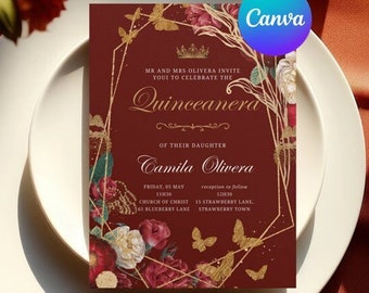 Red & Gold Quinceanera Invitation, Floral Dark Red Roses, Mis Quince 15 Anos Invite, Printable/Editable Template Invite Canva Digital/Mobile