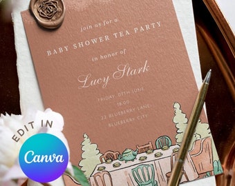 Tea Party Baby Shower Invitation Template, Baby is Brewing, High Tea, Par-Tea, Editable/Printable Digital/Mobile Invite, Canva Instant