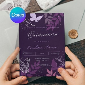 Peut inclure: Invitation de Quinceanera violette avec un motif de papillon et de fleurs. Le texte indique "MR AND MRS ALONSO INVITE TO CELEBRATE THE Quinceanera OF THEIR DAUGHTER Isabella Alonso SATURDAY 11.05.24 12 O'CLOCK 18 LEMON TREE ROAD. LEMON TREE TOWN"