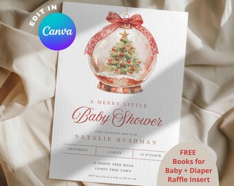 A Merry Little Baby Shower/Winter Red Invite, Diaper Raffle, Books for Baby Invitation Template Evite Bow, Coquette, Red Winter Wonderland