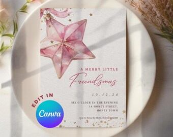 Pink Friendmas Christmas Party Invitation, holiday invitation template, Personalize Canva Invite, Xmas Holiday, Festive Friends Cute Evite