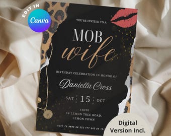 Mob Wife Birthday Invitation, Vintage Aesthetic Old Money Themed Birthday Invite, Canva Template, Digital eVite