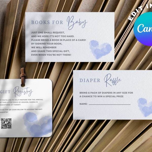 Diaper Raffle, Books for Baby, & Gift Registry QR Code Cards, Boy Baby Shower Inserts/Extras/Printables, Blue Cloud/Dreamy Theme Bundle