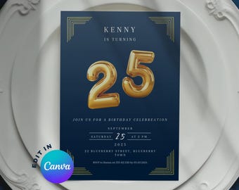 25th Birthday Party Invitation, 25th Party for Him, Blue/Gold Birthday, Canva Template Invite, 25th Birthday Theme, templates eVite
