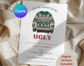 Ugly Sweater party invite, Ugly sweater party invitation, Ugly sweater invite template, Christmas Invitation, evite Canva Template