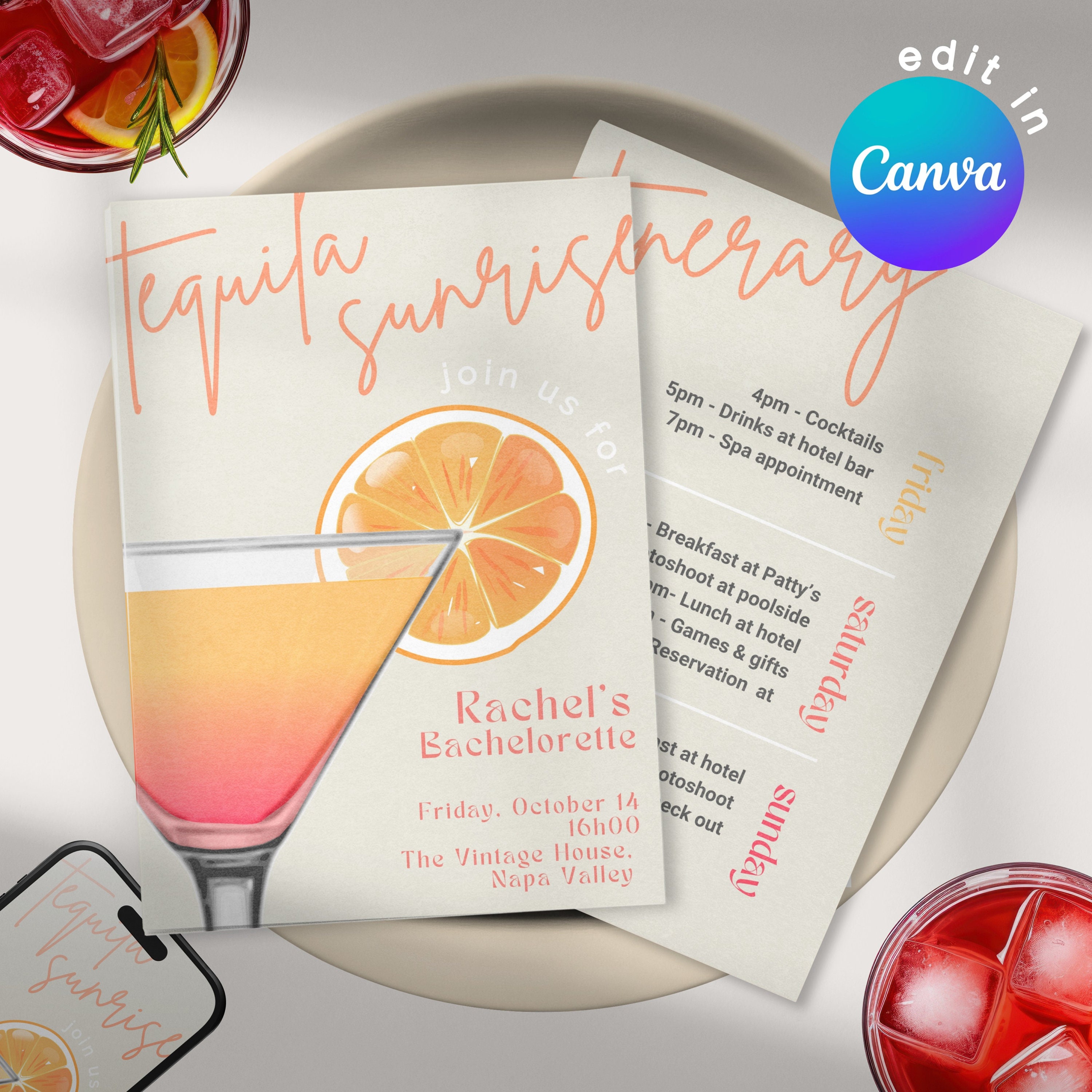 Tequila Sunrise Bachelorette Party Invite Itinerary Etsy