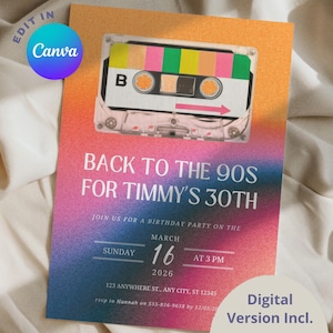 Peut inclure: Une invitation colorée pour une fête d'anniversaire sur le thème des années 90. L'invitation présente une cassette audio avec le texte "Retour dans les années 90 pour le 30e anniversaire de Timmy". La fête a lieu le dimanche 16 mars 2026 à 15h.