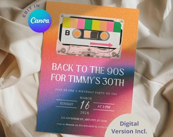 Back to the 90s Birthday Party Invitation, 30th Birthday Party Invitation, Retro 90s, Canva Template Invite, 30th Birthday, templates eVite