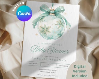Sage Green A Merry Little Baby Shower/Winter Invite, Diaper Raffle, Books for Baby Invitation Template Evite Bow, Coquette, Boy Baby Shower