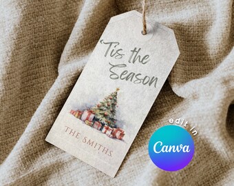 Editable Christmas Gift Tag, 'Tis the Season, Printable Canva Template, Personalize Holiday Party Favor Label, Instant Download