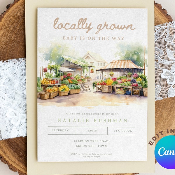 Locally Grown/Farmer's Market/Vegetable Garden Theme Baby Shower Invitation, Editable/Printable Mobile/Digital Invite, Canva, Organic