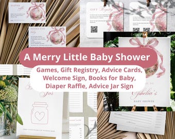 COMPLETE "A Merry Little" Baby Shower Kit, Games, Signs, Inserts, & More! Bow Coquette, Pink Winter Wonderland/Christmas Baby Shower, Girl