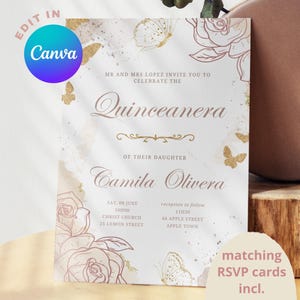 Rose Gold Quinceanera Invitation, Pink Roses, Mis Quince 15 Anos Invite, Printable/Editable Template Invite Canva Digital/Mobile