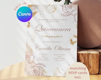 Rose Gold Quinceanera Invitation, Pink Roses, Mis Quince 15 Anos Invite, Printable/Editable Template Invite Canva Digital/Mobile