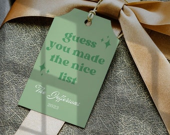 Personalize Merry Christmas Gift Tag, Guess you Made the Nice List, Printable + Editable Holiday Party Favor Label, Canva Instant Download