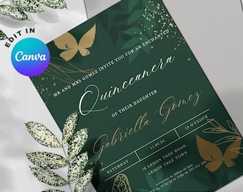 Enchanted Forest Quinceanera Invitation, Gold/Emerald Green, Magical Forest Garden, Butterfly, Mis Quince Fairy Garden Invite Canva Digital