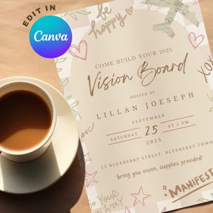 May include: A pink and white chequered background with a handwritten invitation to a Vision Board event. The invitation includes the date, time, location, and host's name. The text reads "Come build your 2025 Vision Board, hosted by Lillian Joeseph, Saturday, September 25, 2025 at 2 PM, 22 Blueberry Street, Blueberry Town, bring you vision, supplies provided!"