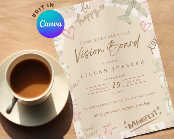 Vision Board Party Invitation, Editable/Printable/Personalize Canva Template Invite, vision board party flyer, new year vision board party