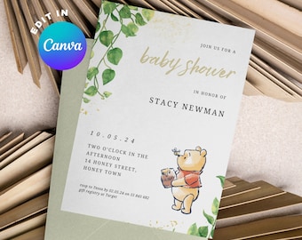 Editable Winnie the Pooh Baby Shower Invitation, Classic/Vintage Pooh Bear Invite Template, Greenery, Gender Neutral, We Can Bearly Wait