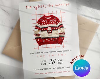 The Uglier the Merrier, ugly sweater party invitation, ugly sweater invite template, Christmas Invitation, evite Canva Template