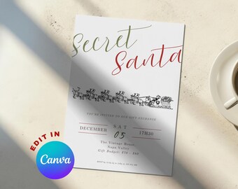 Secret Santa Christmas Party Invitation, holiday invitation template, gift exchange Canva Invite, Xmas Holiday, secret santa invite template
