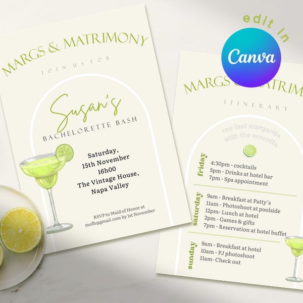 Margs and Matrimony Bachelorette Invite and Itinerary, Bach Weekend, Margaritas and Matrimony Schedule, Bachelorette Weekend Invitation