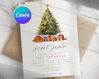 Secret Santa Christmas Party Invitation, holiday invitation template, gift exchange Canva Invite, Xmas Holiday, secret santa invite template