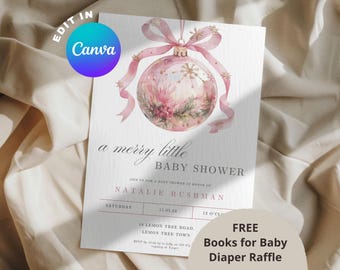 Pink A Merry Little Baby Shower/Winter Invite, Diaper Raffle, Books for Baby Invitation Template Evite Bow, Coquette, Pink Winter Wonderland