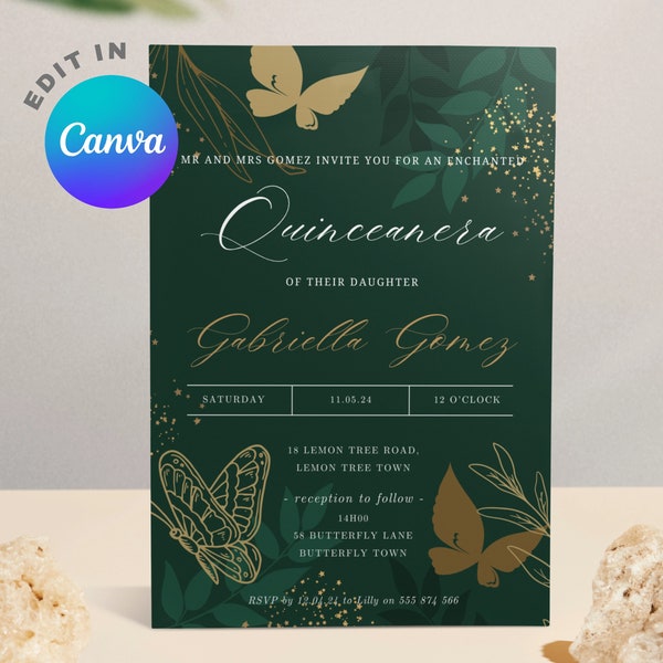 Enchanted Forest Quinceanera Invitation, Gold/Emerald Green, Magical Forest Garden, Butterfly, Mis Quince Fairy Garden Invite Canva Digital