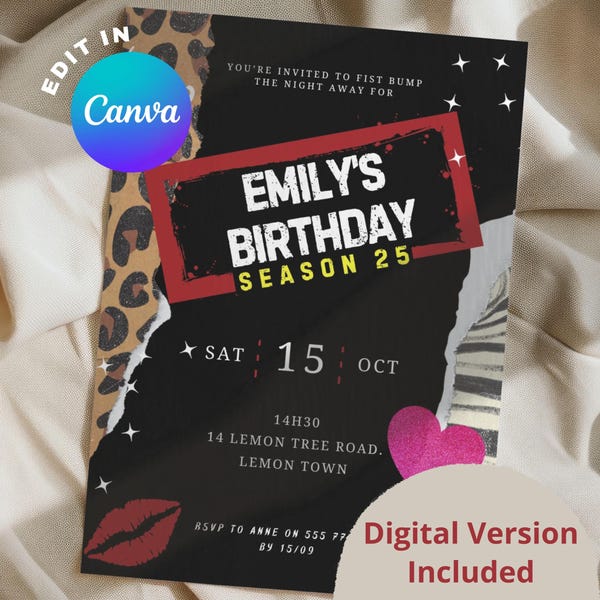 May include: Black and red birthday party invitation with a leopard print background. The text reads "Emily's Birthday Season 25" with the date "Sat 15 Oct" and the time "14h30". The address is "14 Lemon Tree Road, Lemon Town". The invitation also includes the text "RSVP to Anne on 555 77 by 15/09" and "Digital Version Included".
