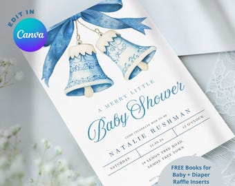 Blue A Merry Little Baby Shower/Winter Invite, Diaper Raffle, Books for Baby Invitation Template Evite Bow, Coquette, Boy Winter Wonderland