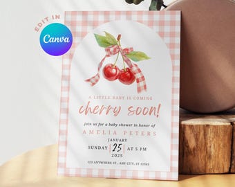 Berry Themed Baby Shower Invitation, Cherry Soon Baby Shower, Coquette Baby Shower, Bow Baby Shower, Canva Template, Digital eVite