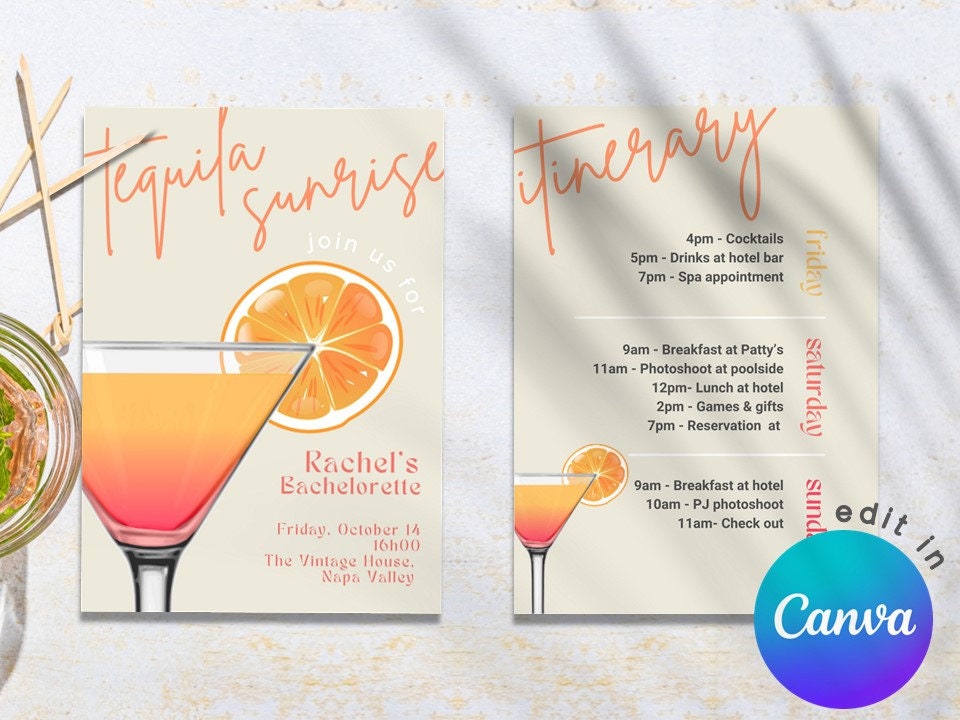 Tequila Sunrise Bachelorette Party Invite Itinerary Etsy