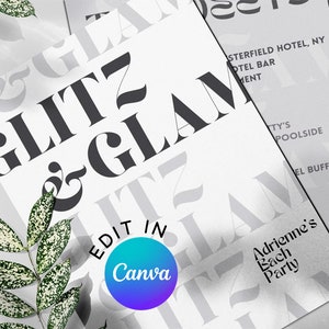 Glitz and Glam Invite and Itinerary, Glits and Glamour Bachelorette Invitation, Black and White Classic, Editable Canva Template Download