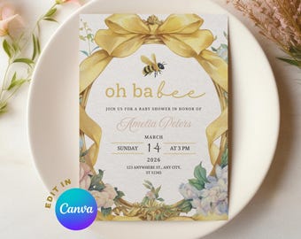 Bee Themed Baby Shower Invitation, Bumble Bee Baby Shower, Gender Neutral Baby Shower, Wildflower Baby Shower, Canva Template, Digital eVite