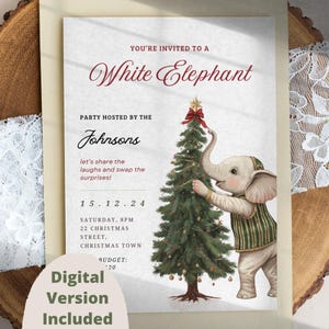 Peut inclure: Une invitation festive pour une fête White Elephant. Le design présente une illustration d'un éléphant décorant un sapin de Noël. L'invitation comprend les détails de la fête : date, heure et lieu. Les mots "Version numérique incluse" sont également présents.