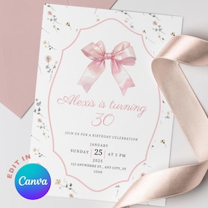 Pink 30th Birthday Party Invitation, Coquette Bow, 30th Birthday Party, Aesthetic Birthday Invite, 30th Birthday for Her