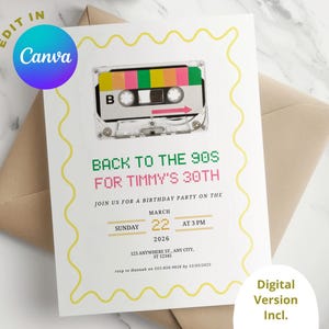 Peut inclure: Une invitation blanche avec une bordure jaune et un graphique de cassette. Le texte indique "Retour dans les années 90 pour le 30e anniversaire de Timmy". L'invitation comprend les détails d'une fête d'anniversaire le dimanche 22 mars 2026 à 15h00.