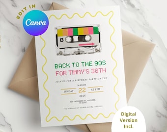 Back to the 90s for the 30th Birthday Party Invitation, 30th Party, Retro 90s, Canva Template Invite, 30th Birthday Theme, templates eVite