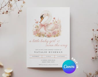 Swan the Way Baby Shower Invitation, Baby Shower for Girl, Goose Themed Baby Shower Invite, Girl Baby Shower, Canva Template, Digital eVite