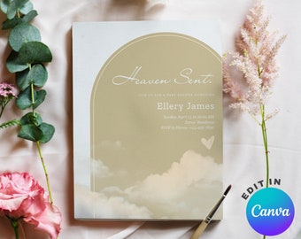 Heaven Sent Baby Shower Invitation, Dreamy Gender Neutral Theme, Editable/Printable Mobile/Digital Canva Invite, Instant Download